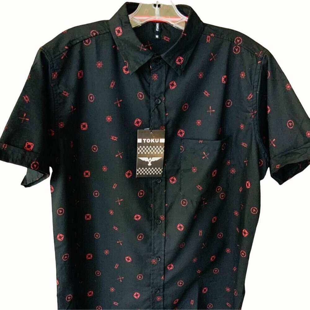 Toku Mens Short Sleeve Shirt Button Down Medium Black Red Geometric Print NEW